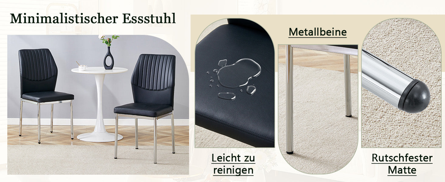 Set of 4 Stylish Dining Chairs with Vertical Embossing and Metal Legs, Black and Silver