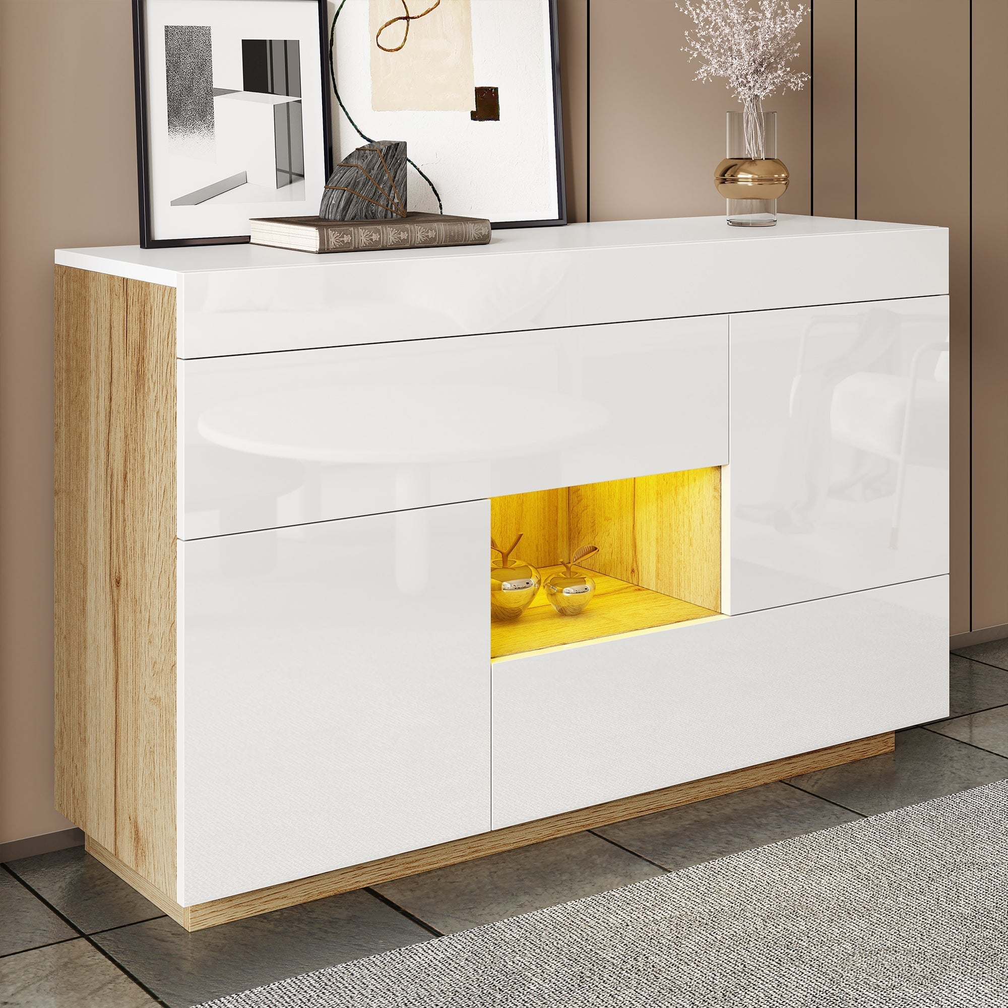Sideboard, High-Gloss Display Cabinet with LED Lighting & Drawers, White