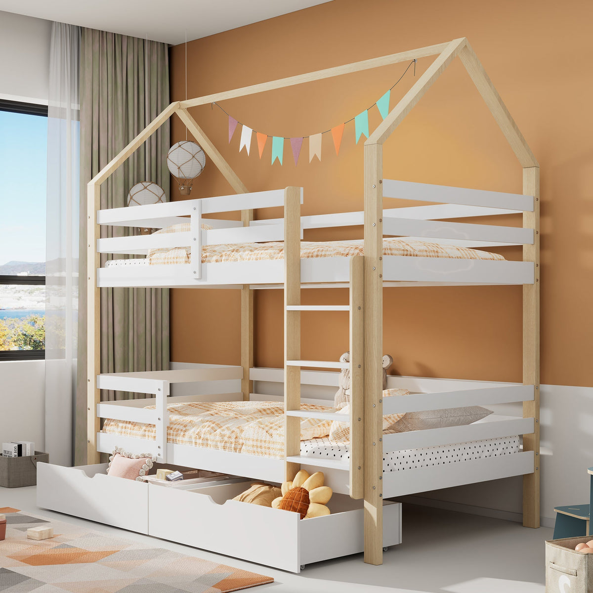 Children's House Bed 90x200cm with Large Drawers Pine Wood white+wood color