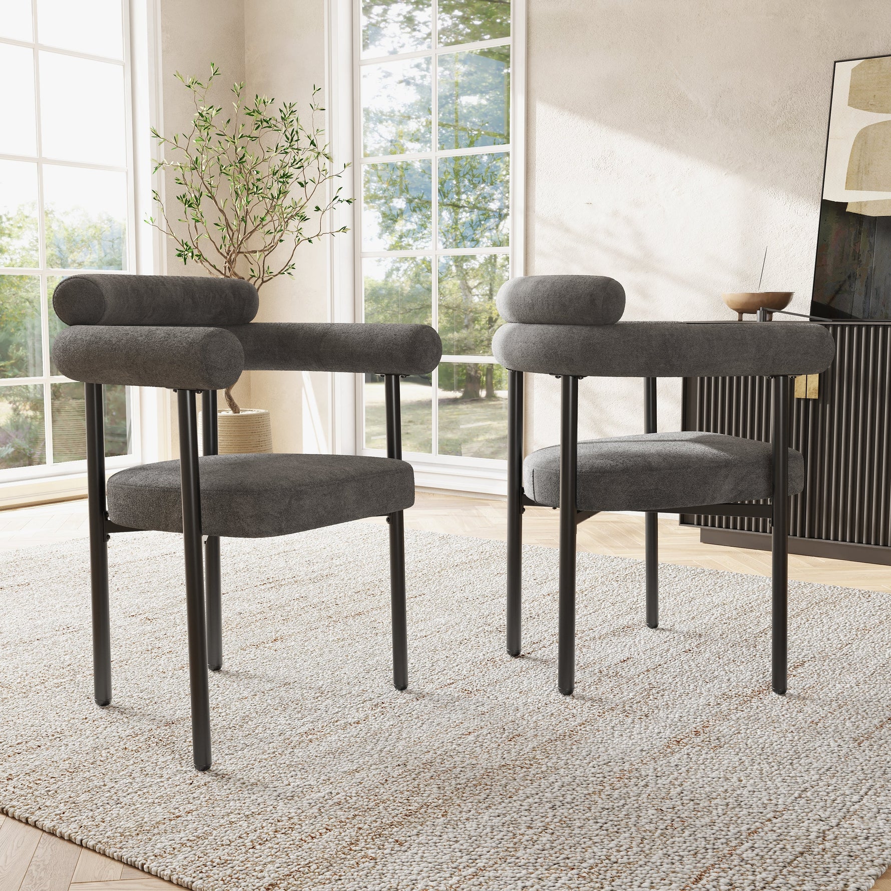 6 Dining Chairs, Modern Simple Comfortable Ring Seat, Dark Grey Suede