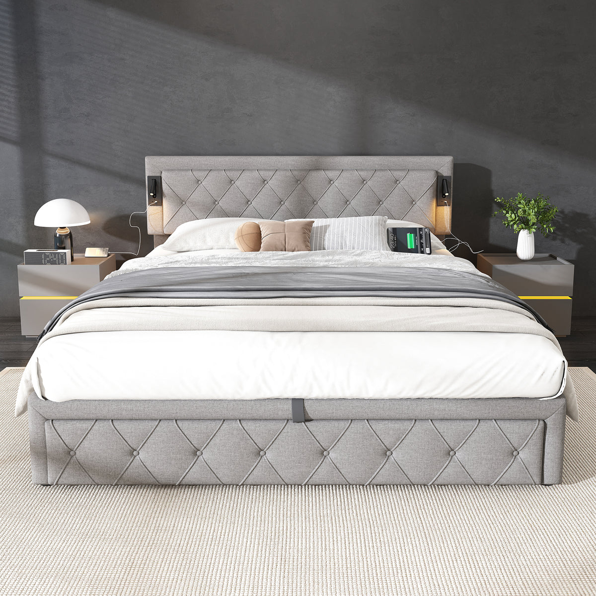Upholstered Storage Bed 180x200 with USB & LED, Grey Linen