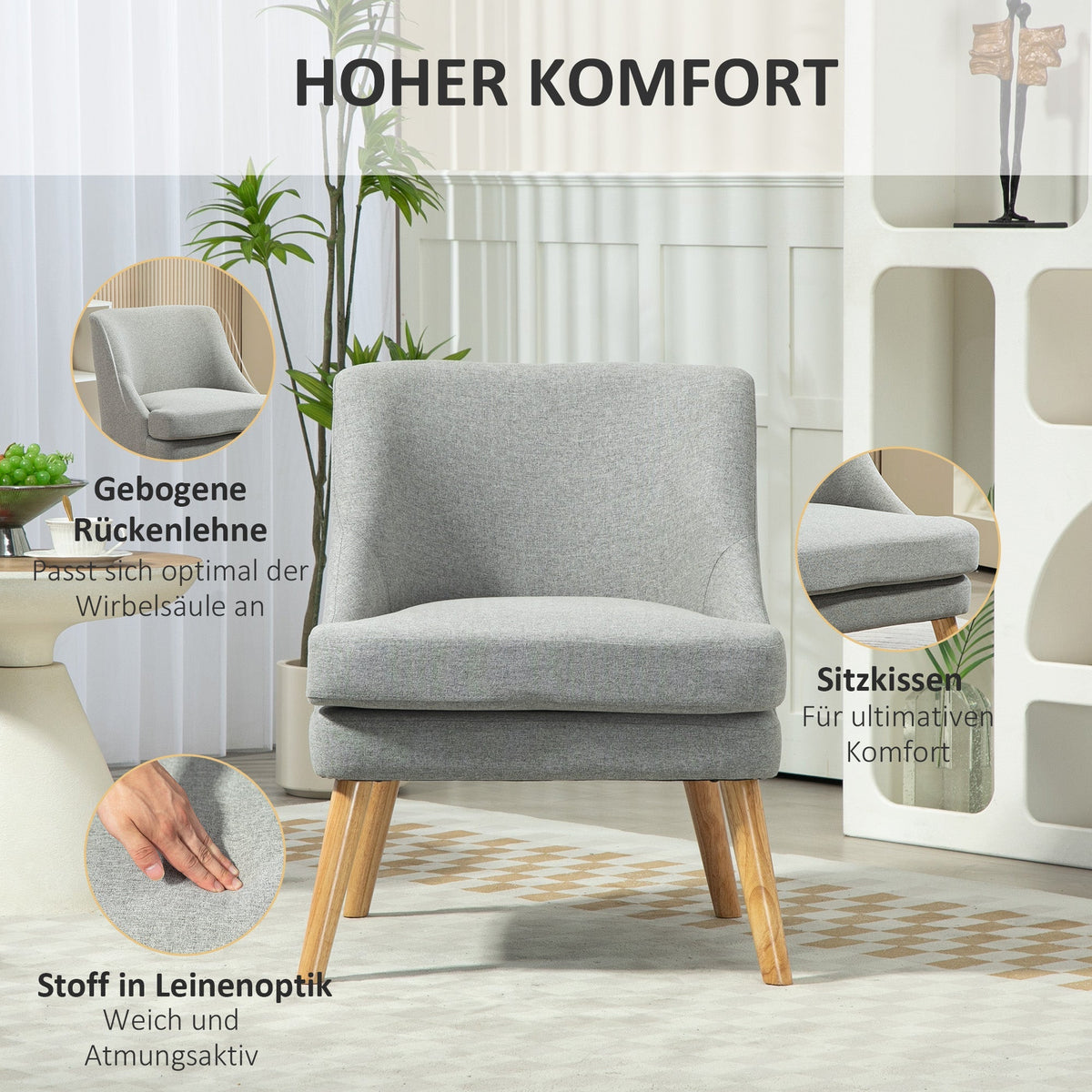 Armchair Lounge Chair, Upholstered with Armrest, Wooden Legs, Light Grey