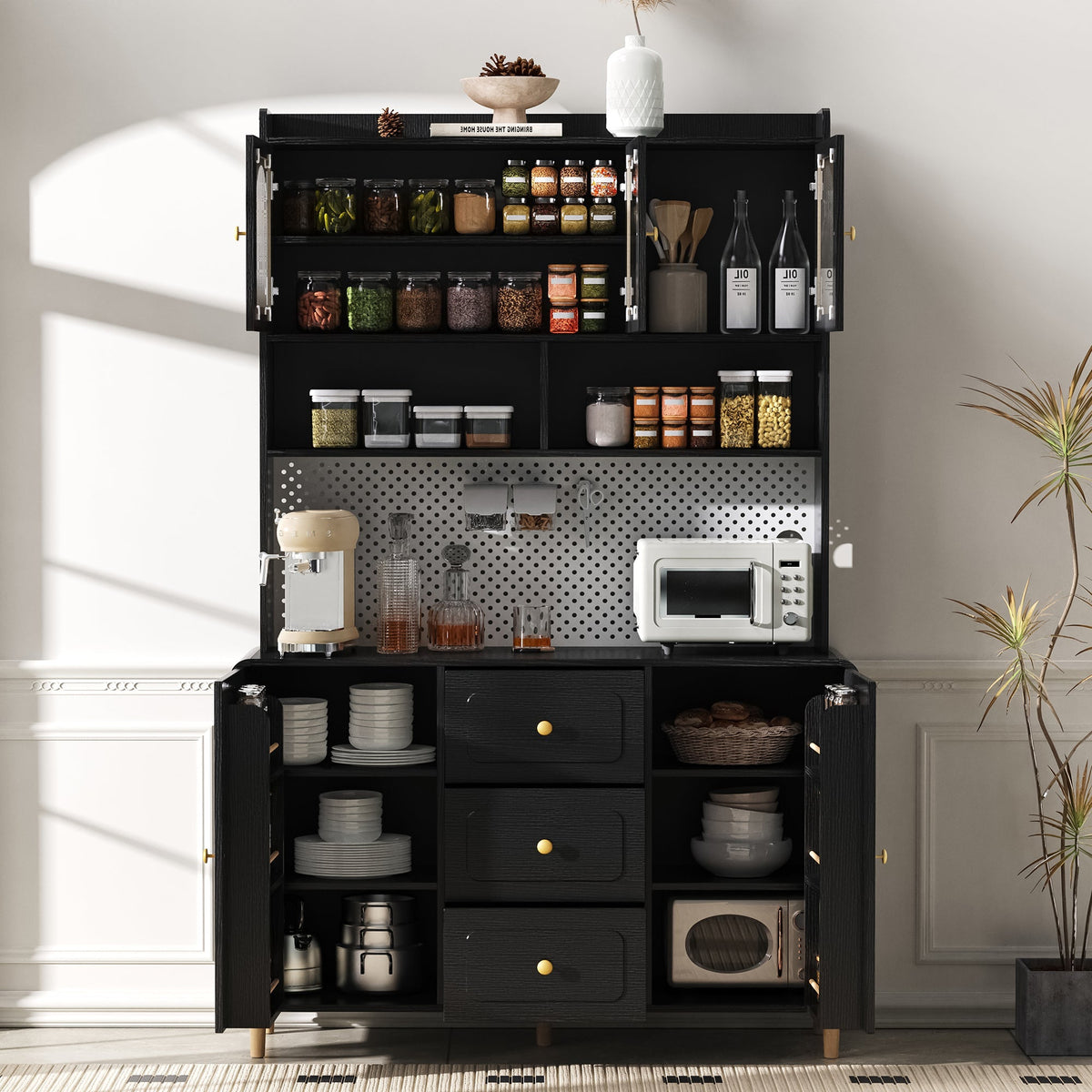 Tall Cabinet Sideboard with Pegboard Drawers Storage Solid Wood Legs Black