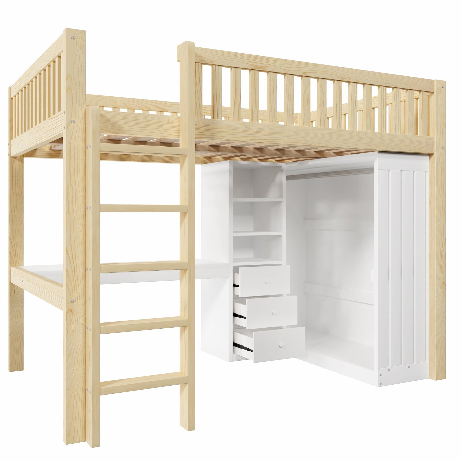 Loft Bed with Desk, Wardrobe and 3 Drawers, Natural
