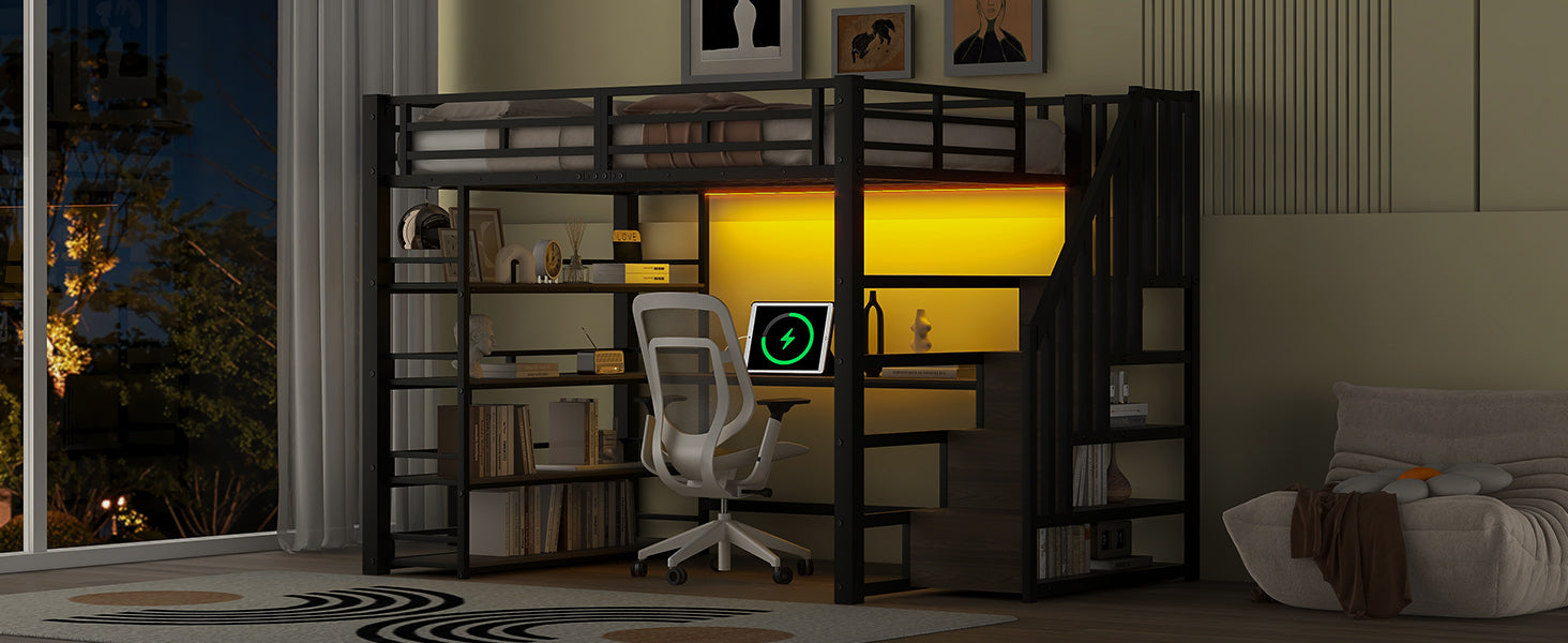 Metal Loft Bed with Stairs, Desk, Storage, USB and LED, 140x200, Black