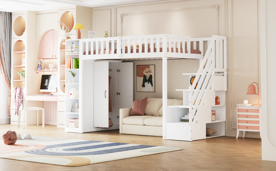 Loft Bed 90x200cm with Wardrobe Storage Cabinet Shelves & Ladder - White
