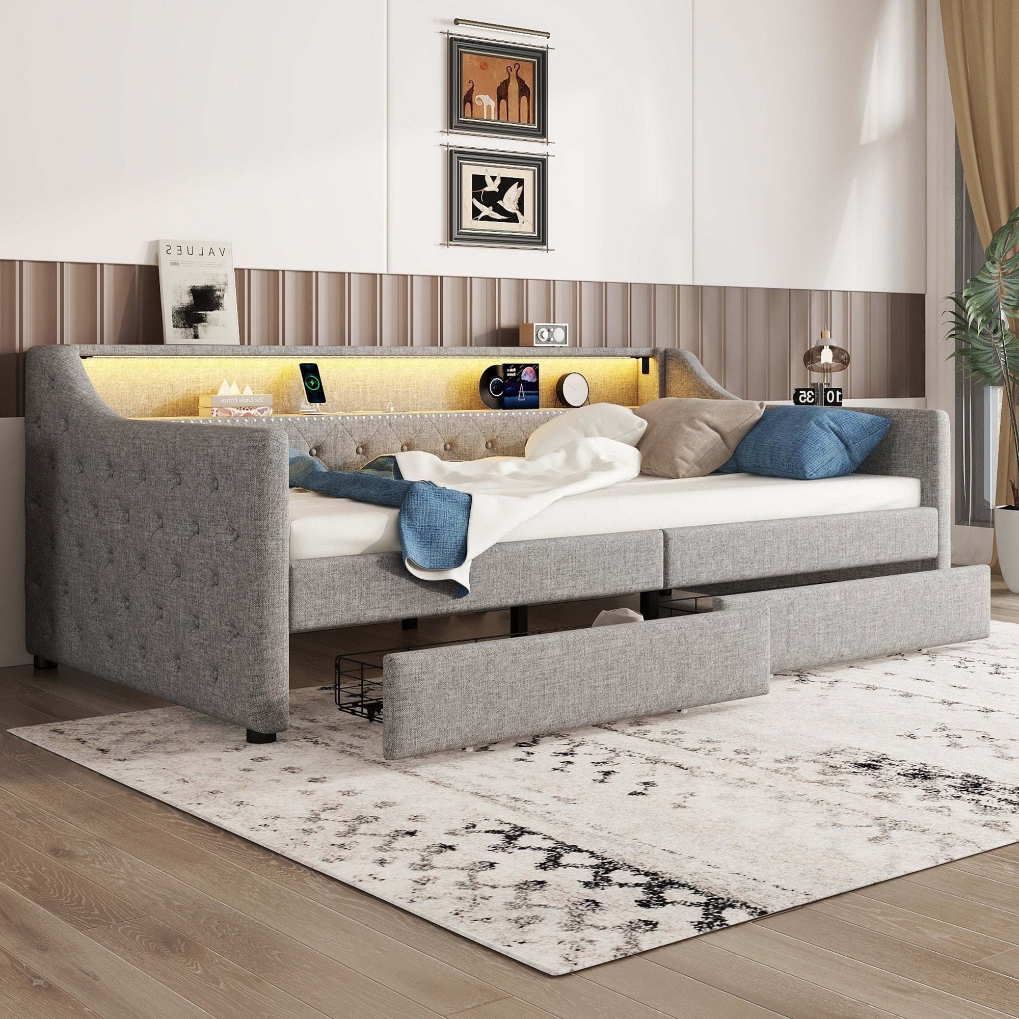 Daybed with LED Lighting, Slatted Base, Drawers and USB Port, Grey Linen