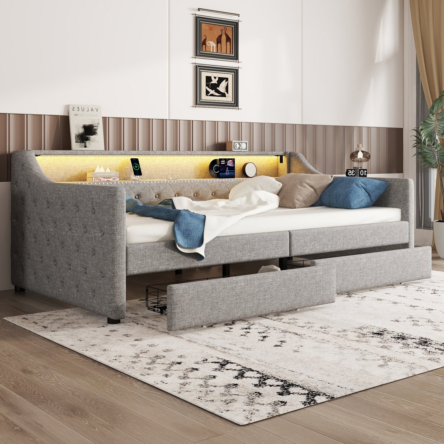 Daybed with LED Lighting, Slatted Base, Drawers and USB Port, Grey Linen