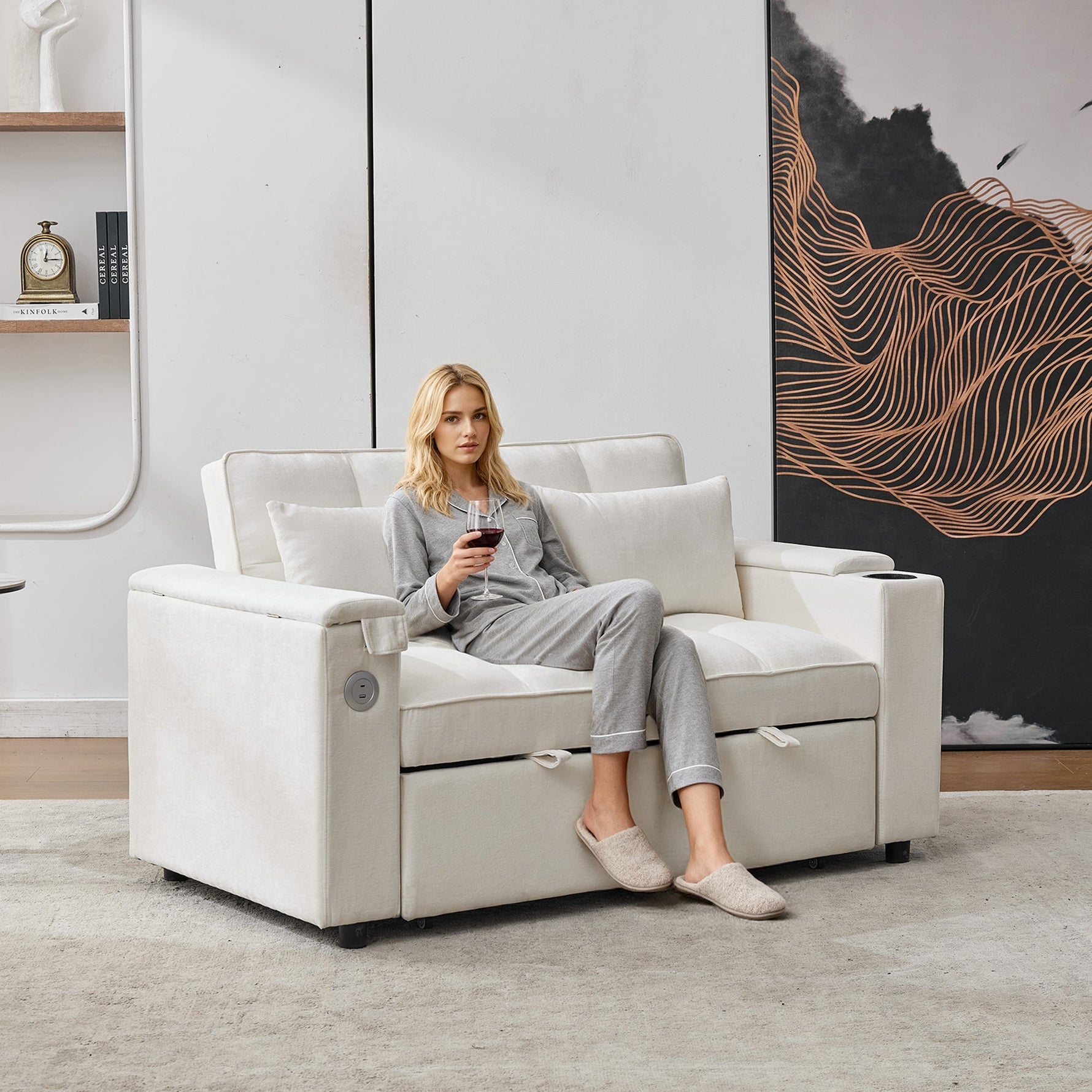 3-in-1 Sleeper Sofa Daybed, Adjustable Backrest USB Port Hidden Cup Holder, Beige
