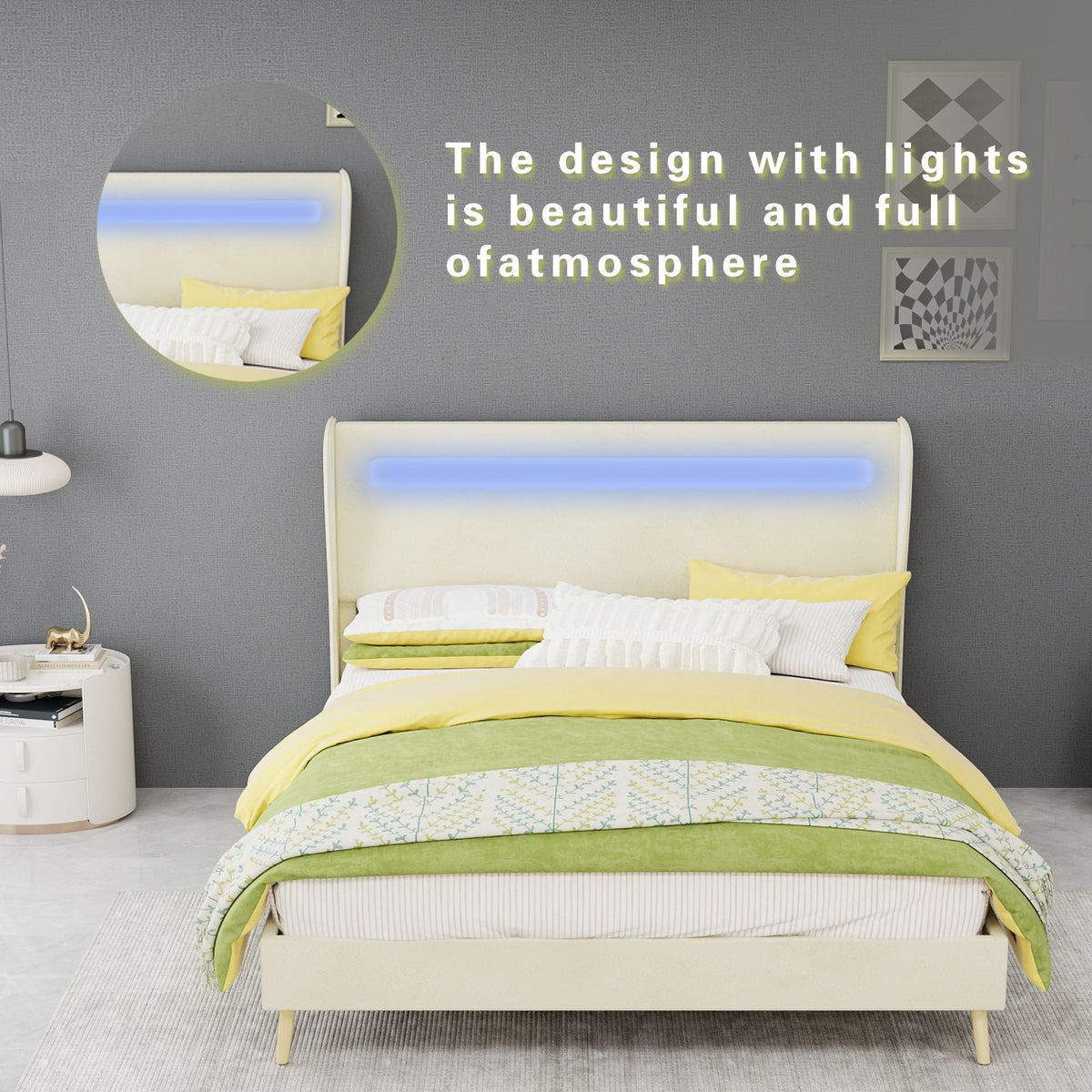 Upholstered Bed with LED Headboard & Mattress 140x200 cm, Beige