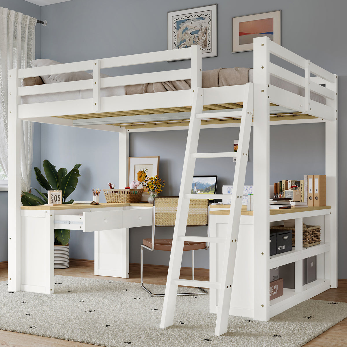 Loft Bed with U-Shaped Desk & Drawers 140x200cm - White & Natural