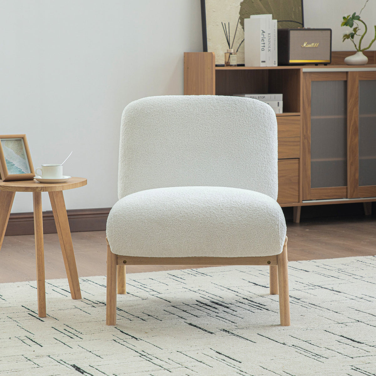 Scandinavian Lounge Chair with Wooden Frame and Soft Chenille Fabric, Ivory