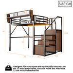 Loft Bed 140x200 with Desk, LED Light & Storage, Black Metal