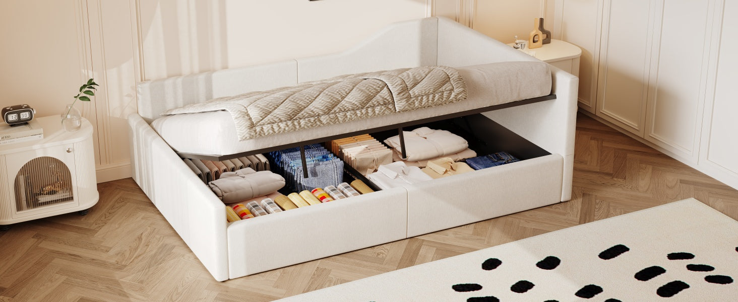 Upholstered Daybed, 140x200 with Under-bed Storage, Beige