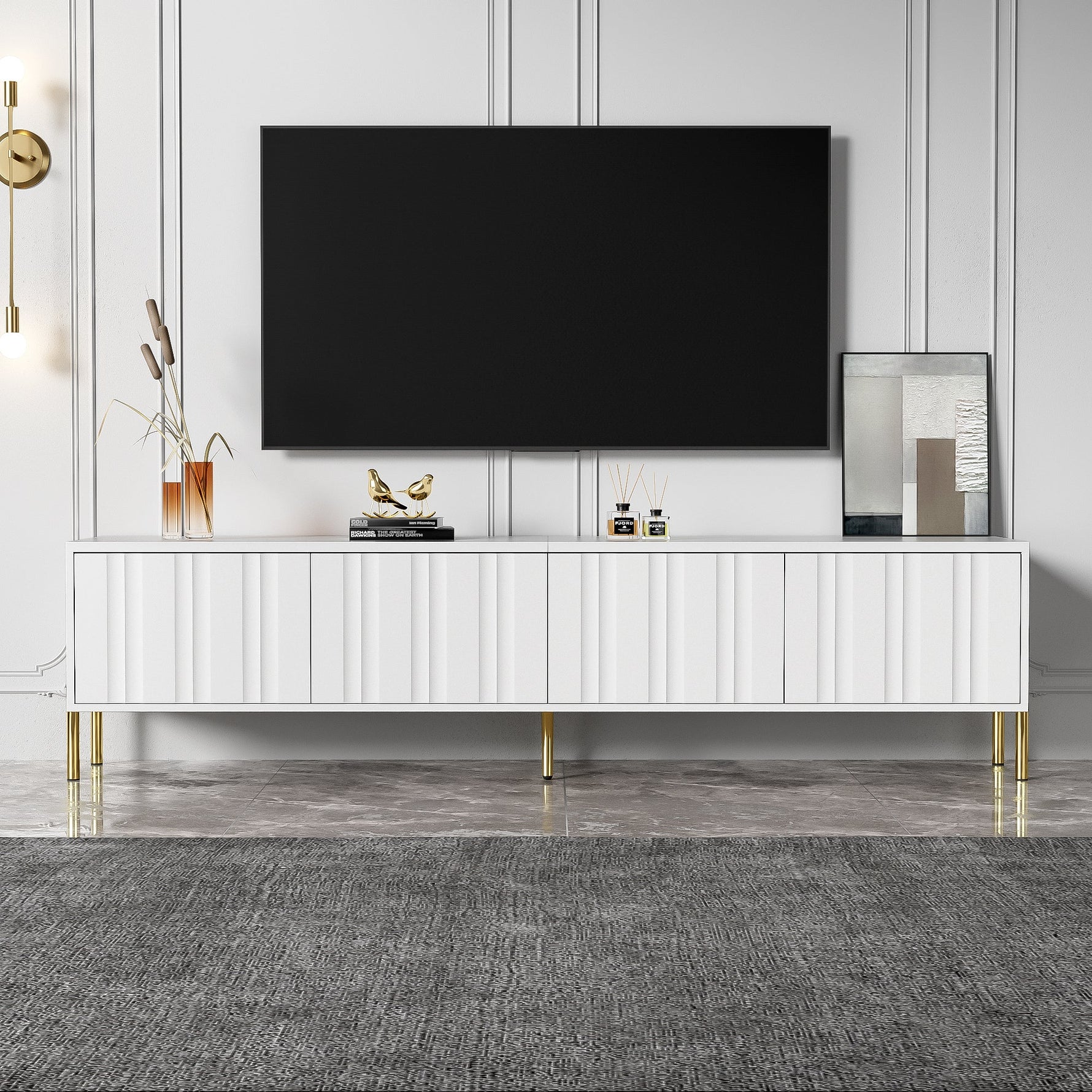 TV Cabinet 190cm Grooved Door Gold Legs - White