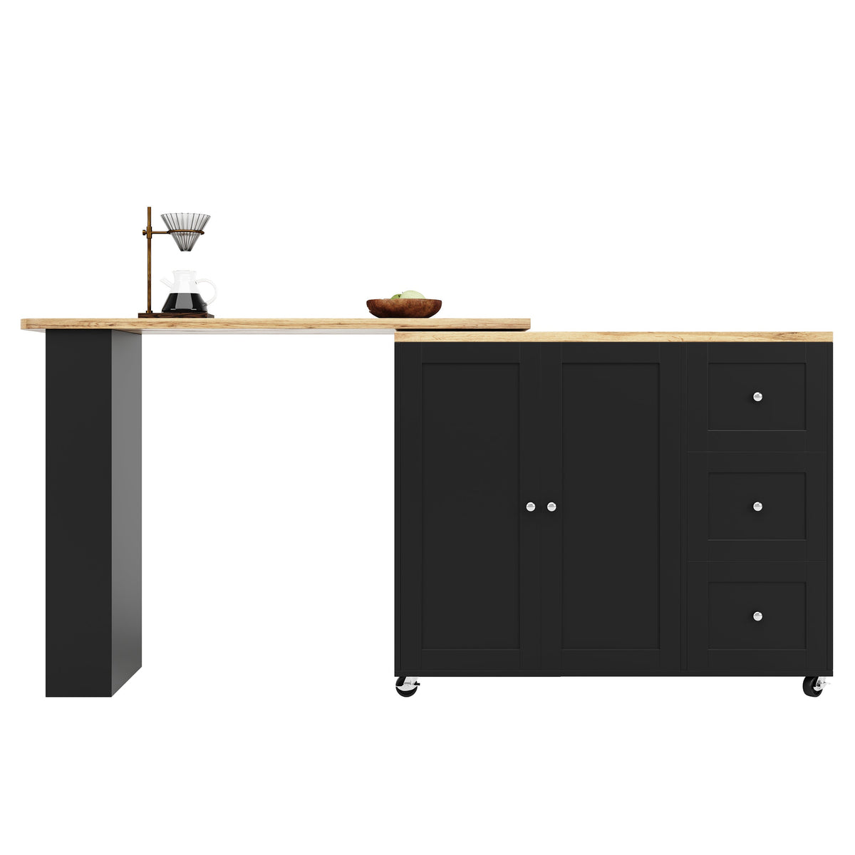 360° Rotating Bar Table Extendable On Casters Storage Island 3 Drawers Black