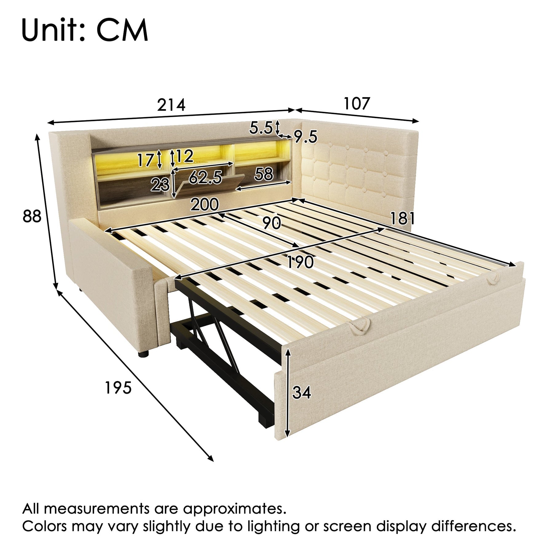 Upholstered Bed 90x200cm Pull-Out Bed LED Storage Headboard - Linen Beige