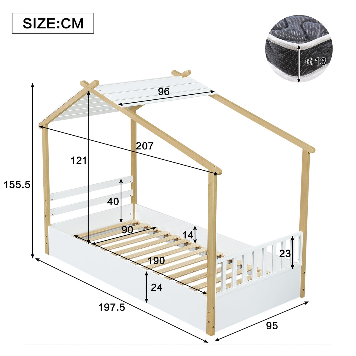 Wooden Bed, House Design Single, Pine + Chipboard + MDF, White + Natural