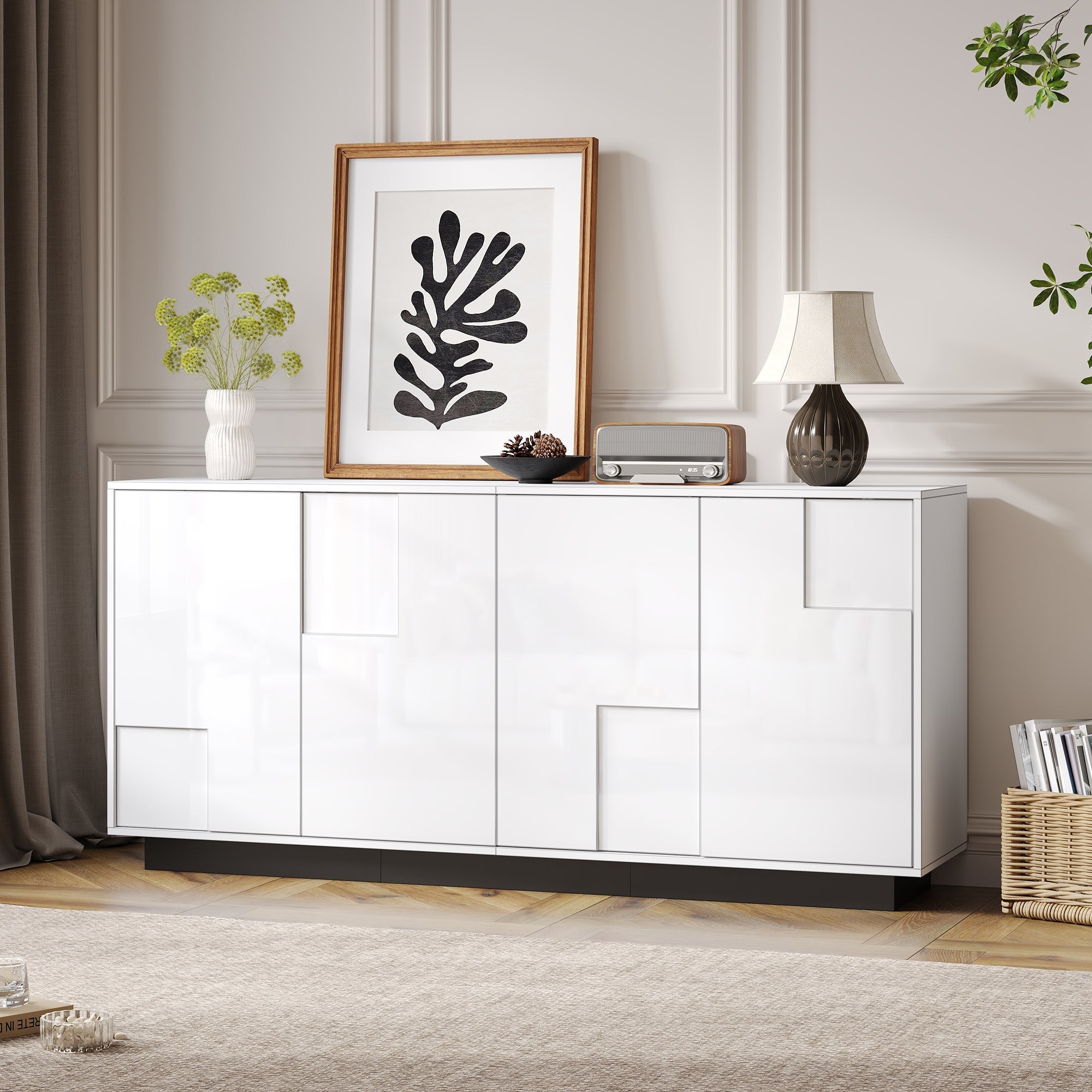 Sideboard 160cm High-Gloss 4 Doors Storage Geometric Design - White/Black