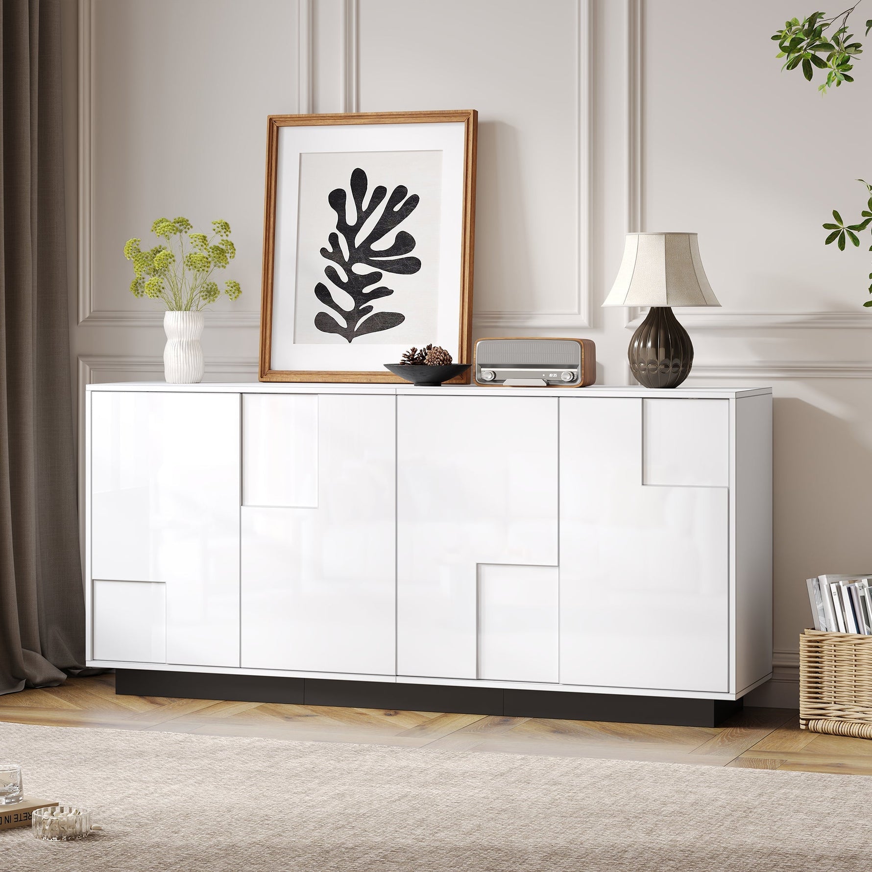 Sideboard 160cm High-Gloss 4 Doors Storage Geometric Design - White/Black