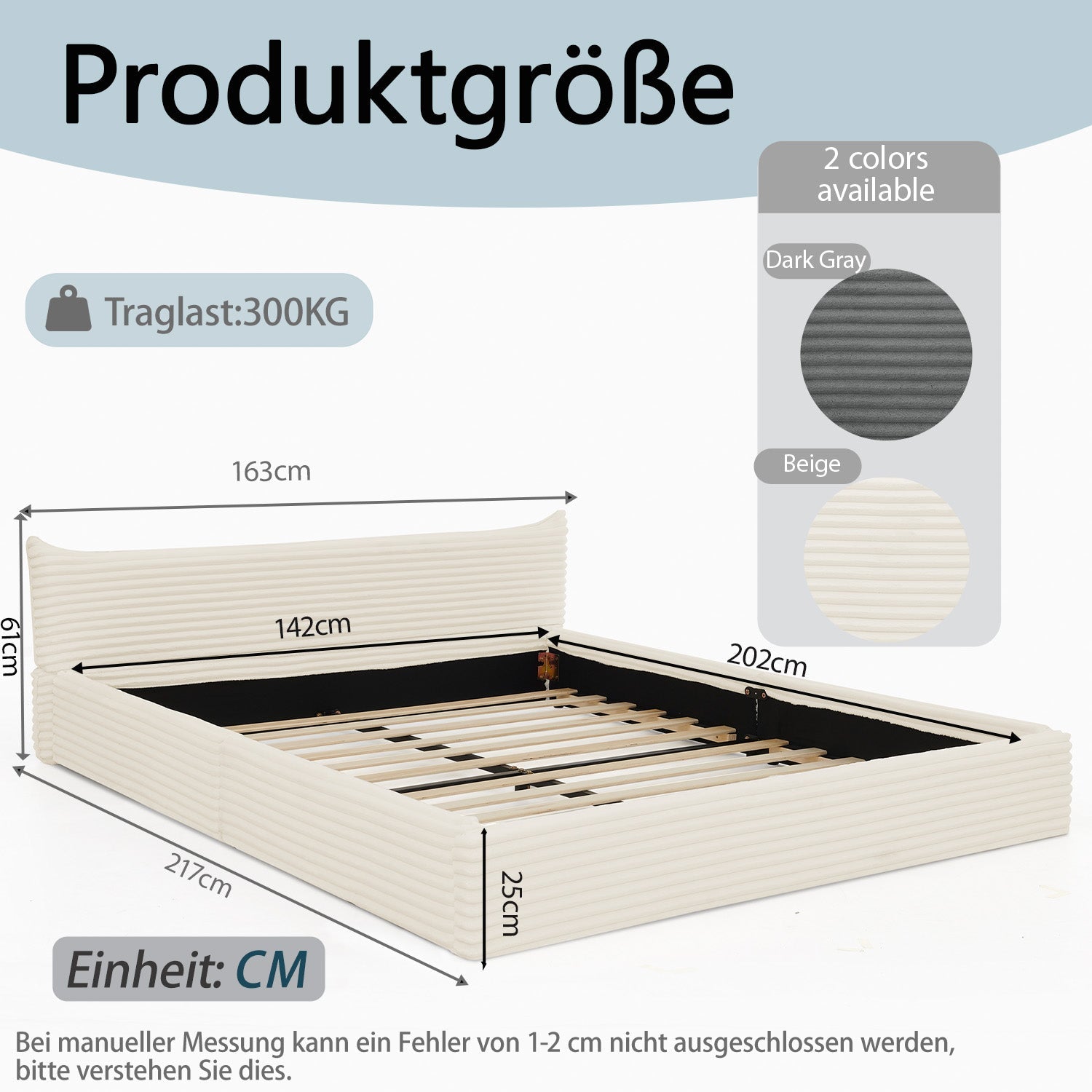 Double Bed 140x200cm, Corduroy Cover, Eucalyptus Wood Frame, Beige