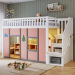 Children's Loft Bed 90x200 cm with Storage Stairs in White & Pink
