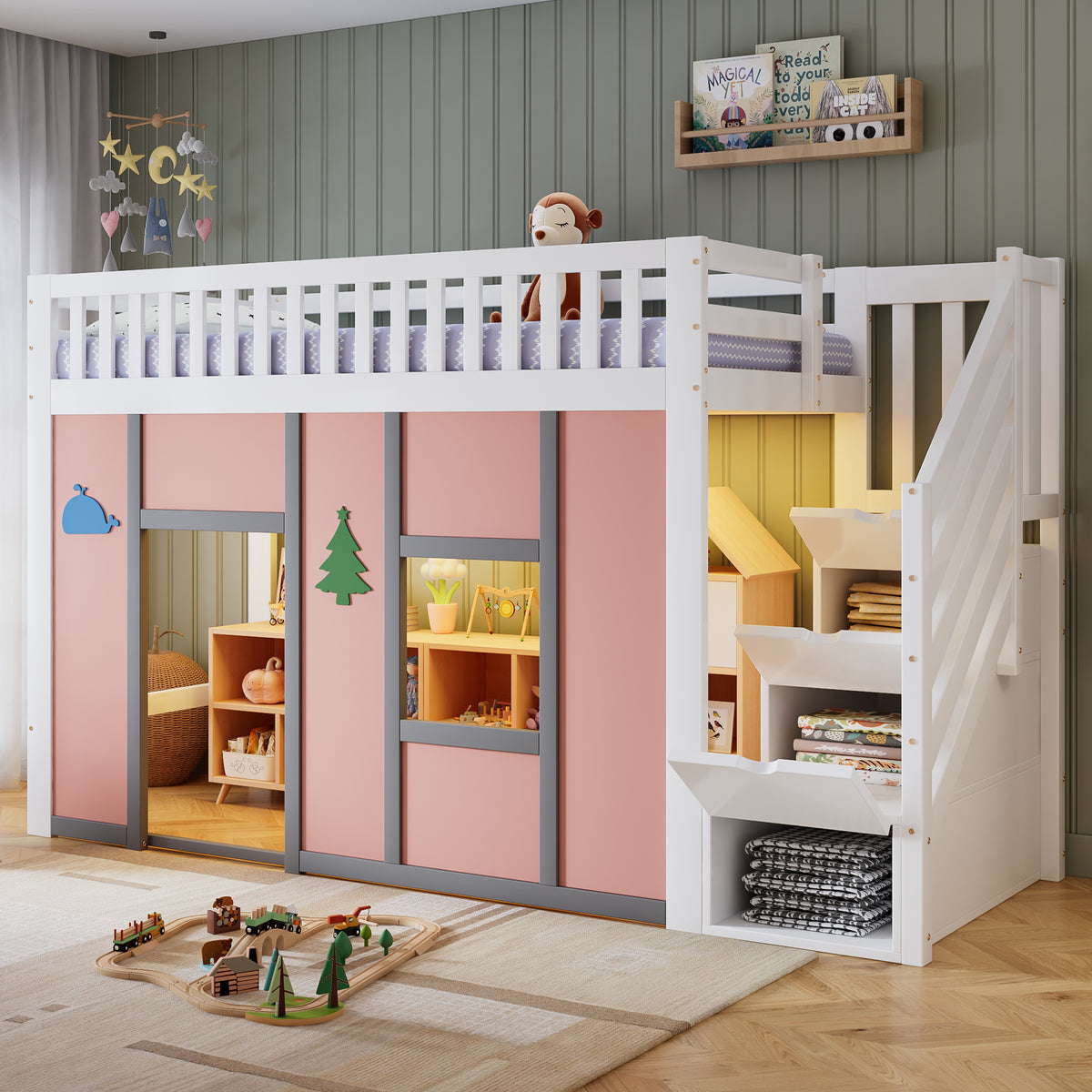 Children's Loft Bed 90x200 cm with Storage Stairs in White & Pink