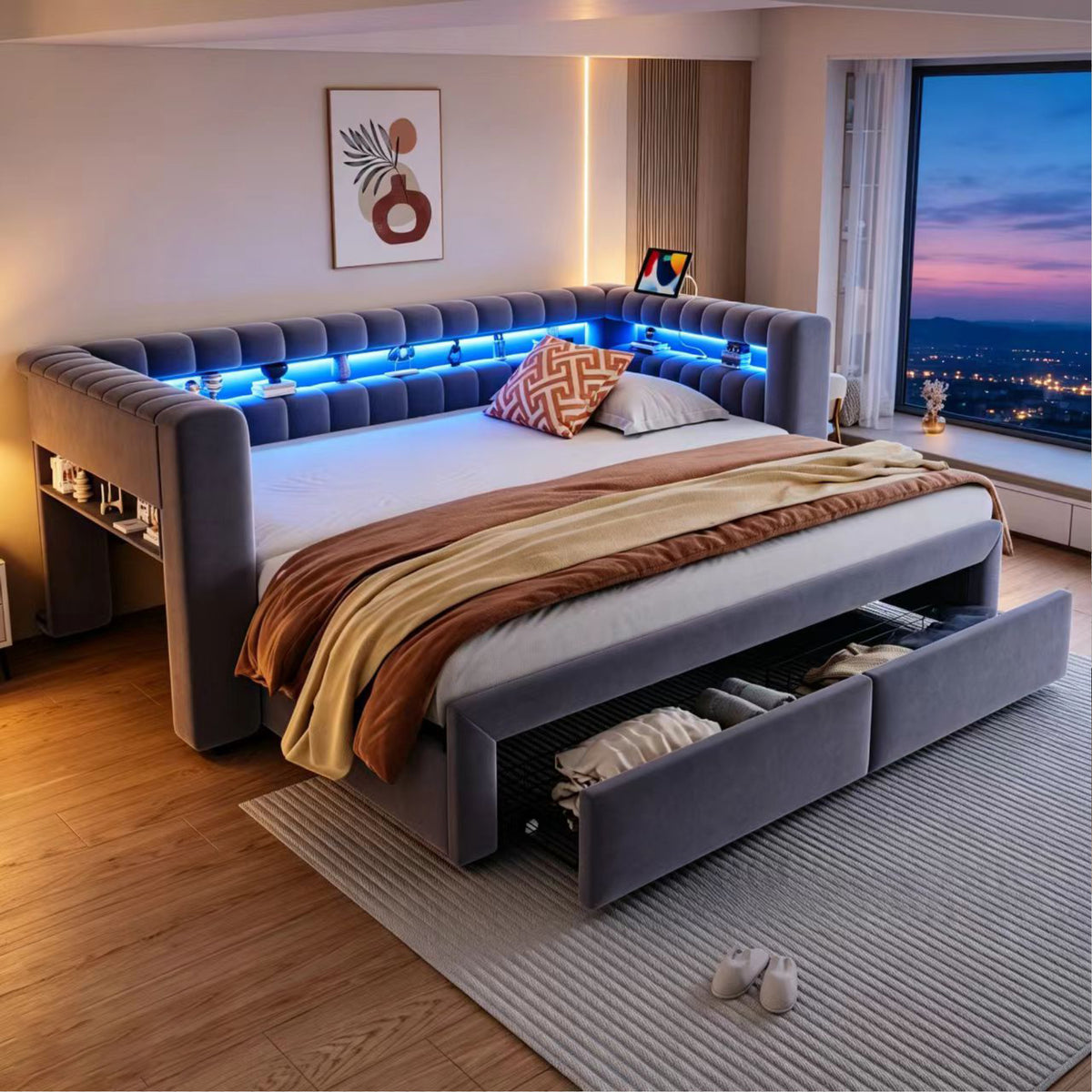 Upholstered Sofa Bed with Drawers & LED, Dark Grey Velvet