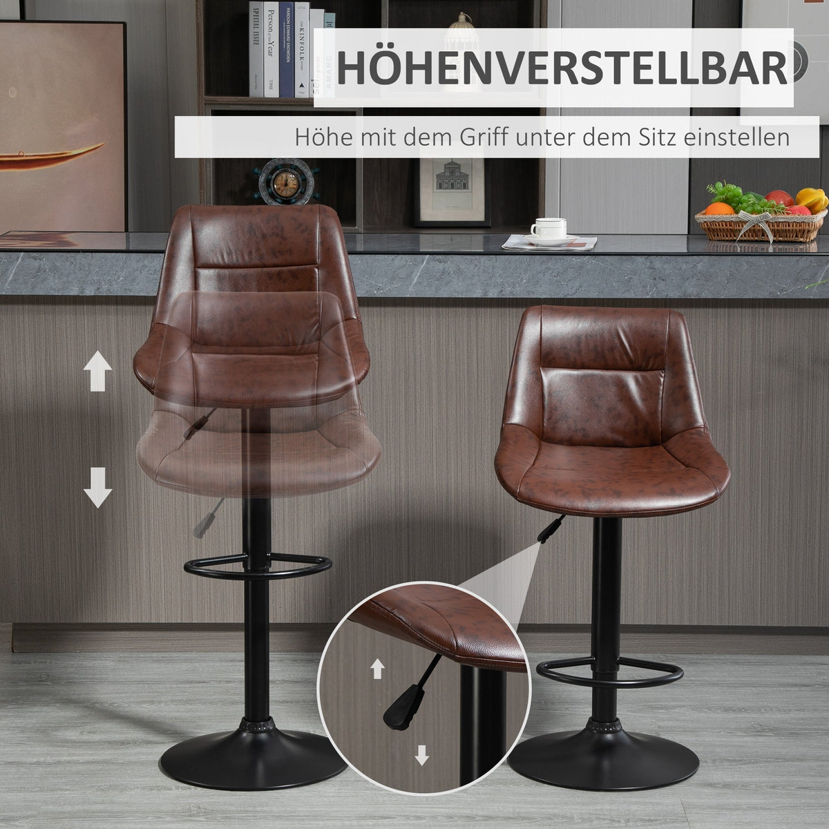 Bar Stool Set of 2, Height-Adjustable Swivel Counter Stool, Faux Leather Brown