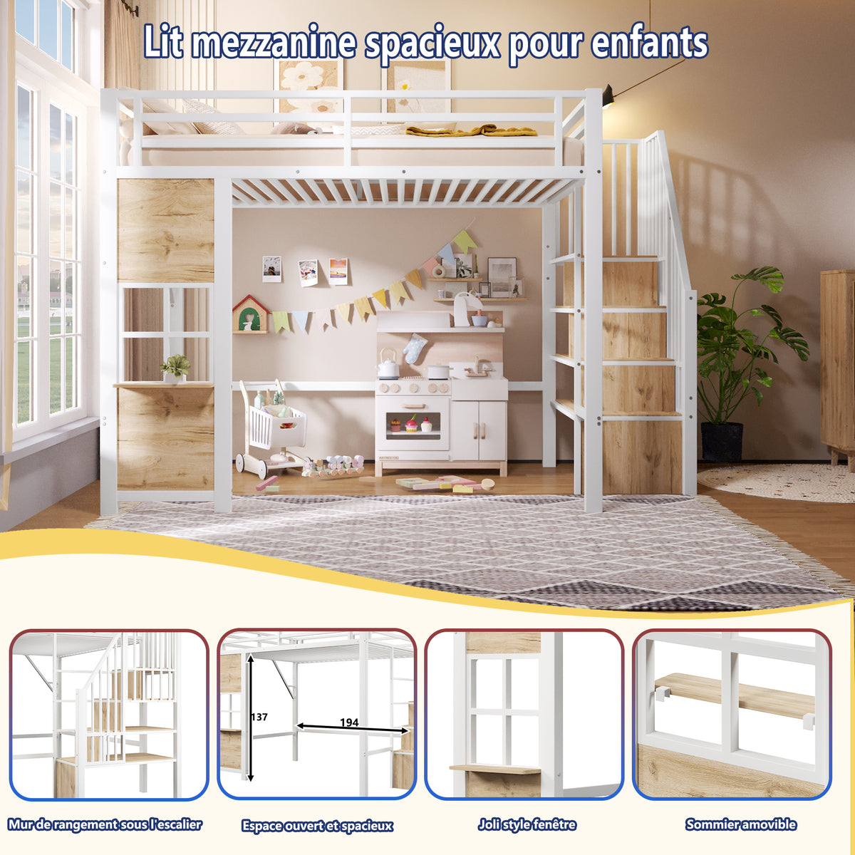 Loft Bed 140x200 cm with Storage Ladder, White Iron Frame