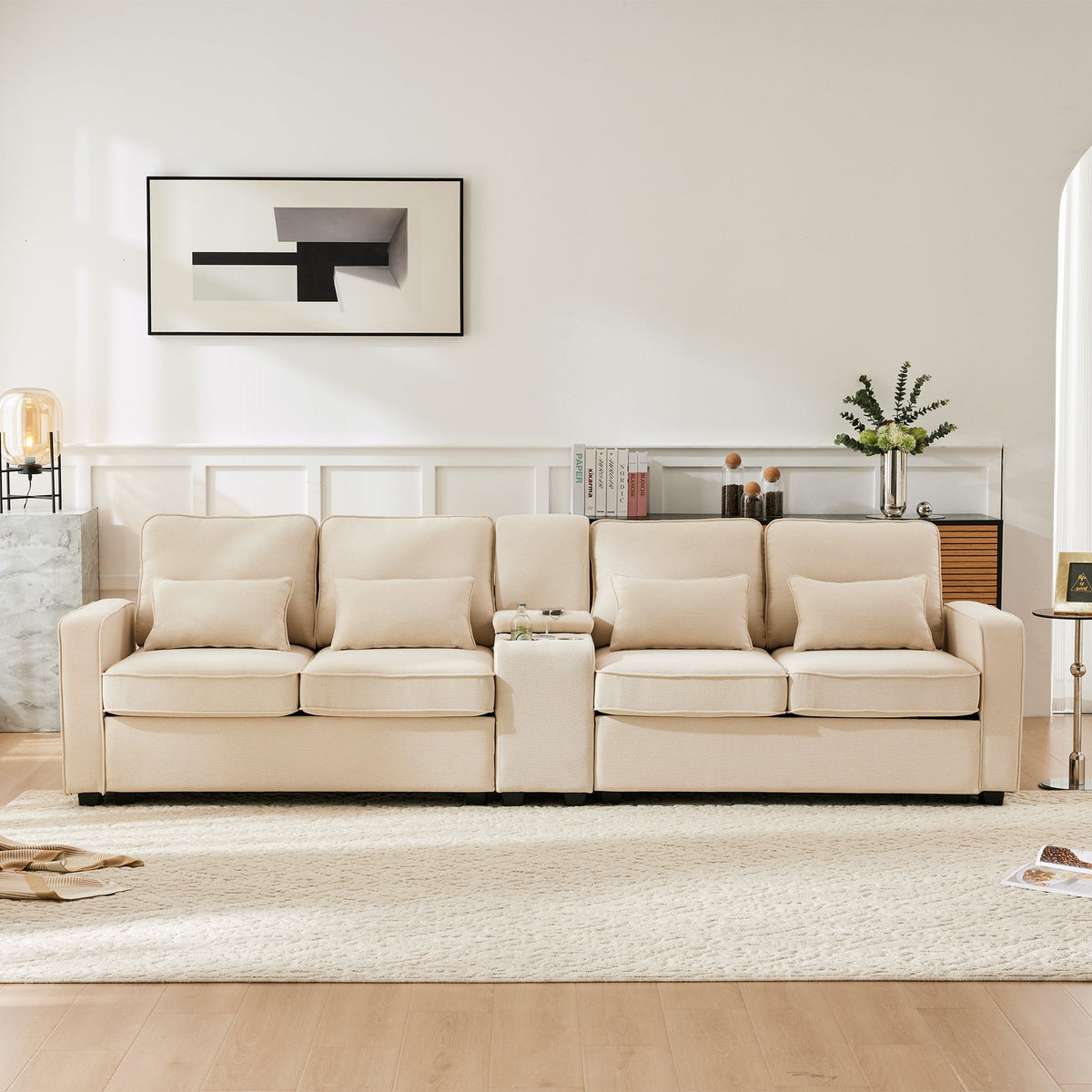 Sofa, 4-Seater with Console, Cup Holders, USB Ports, Linen Fabric