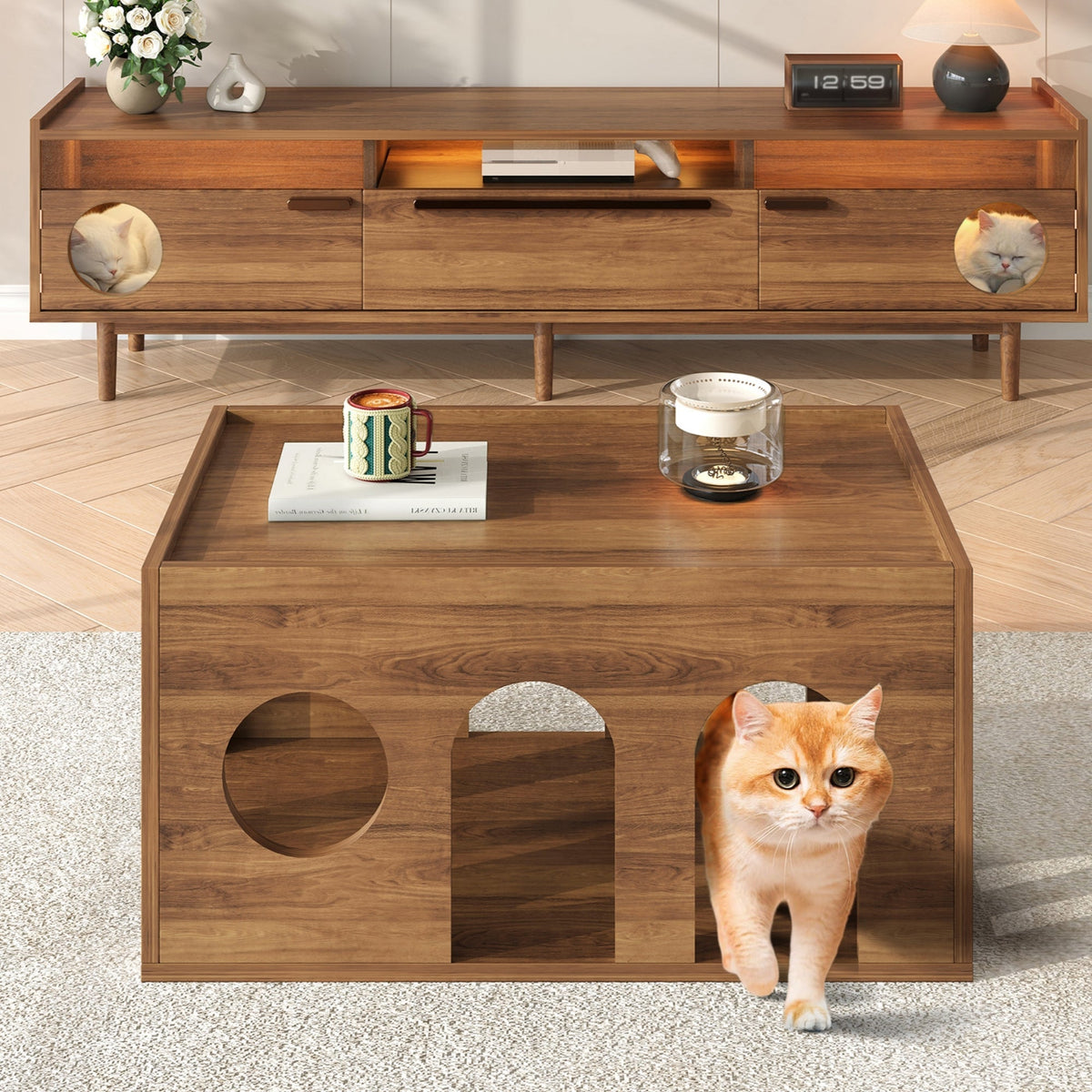 Coffee Table Pet-Friendly Cat Holes 80x50x40 cm Walnut Finish