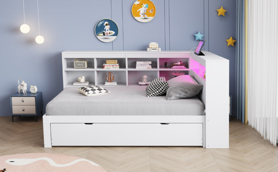 Solid Wood Sofa with Pull-Out Bed, USB & LED, White