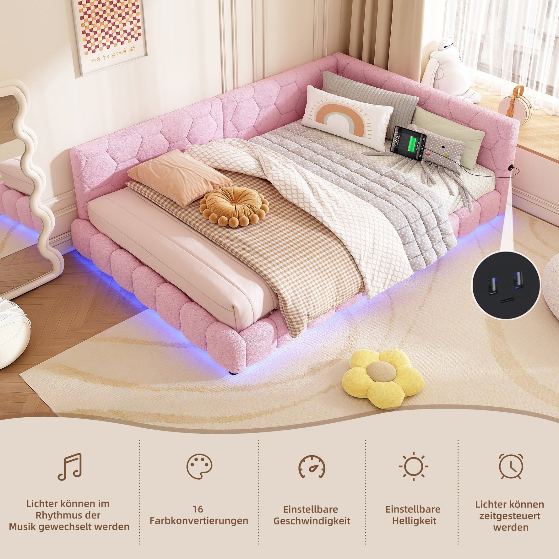 Daybed Sofa Bed 140x200cm Ambient Light USB/Type-C - Pink Faux Fleece