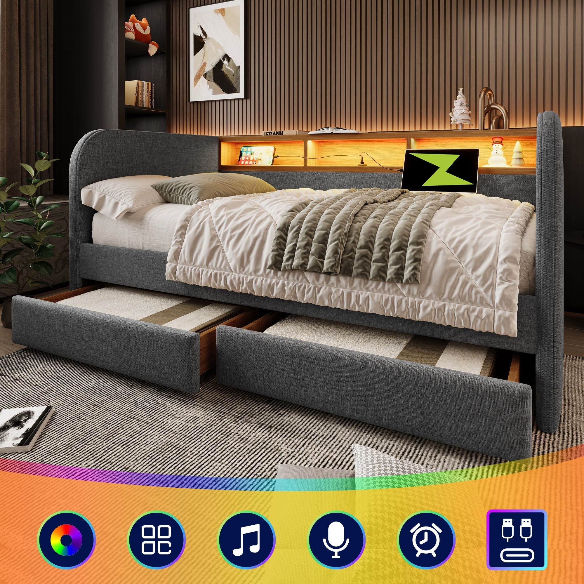 Upholstered Daybed with LED, USB-C and 2 Drawers, 140x190cm, Grey Linen