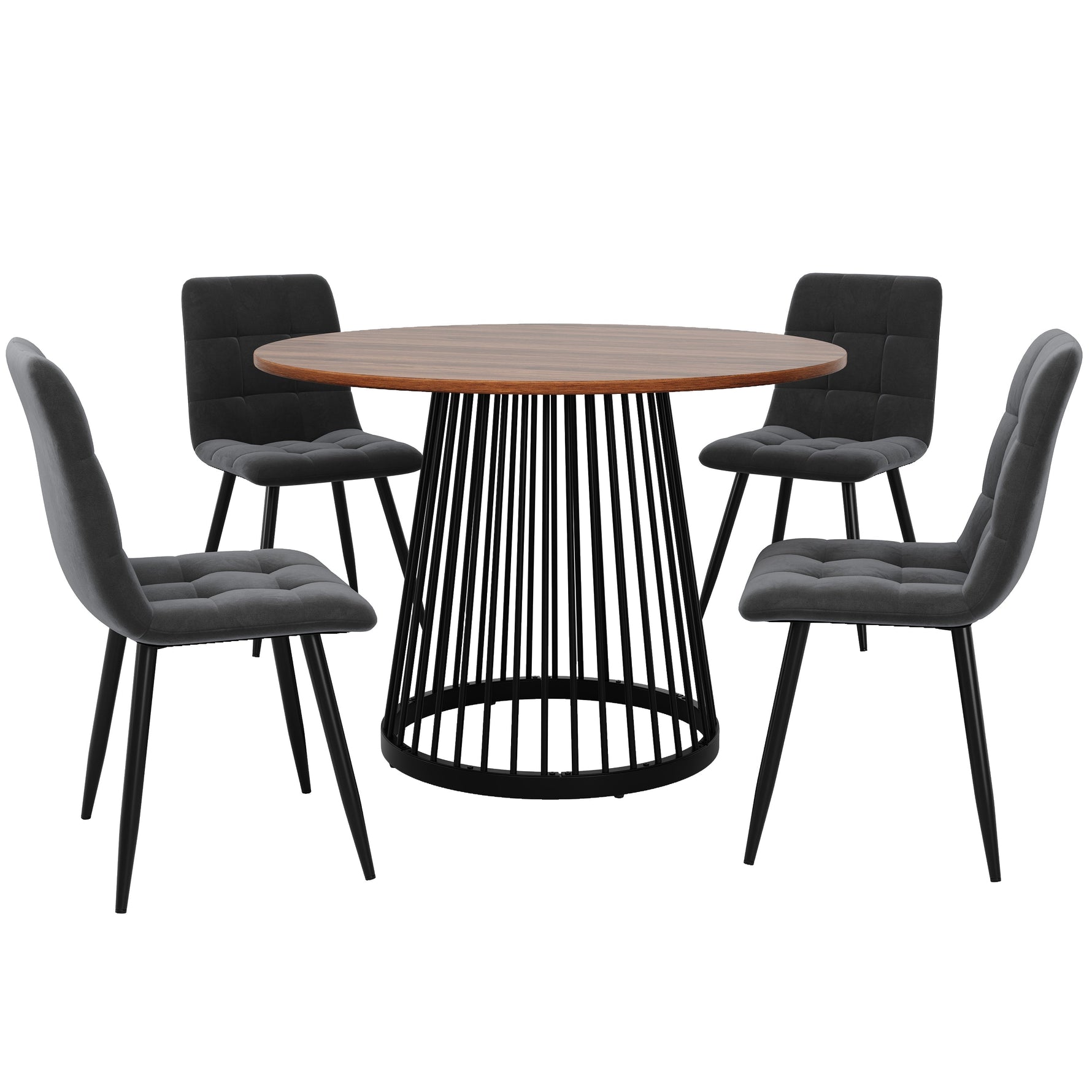 5-Piece Dining Table Set Round 80cm Kitchen Black Metal Walnut MDF/Velvet