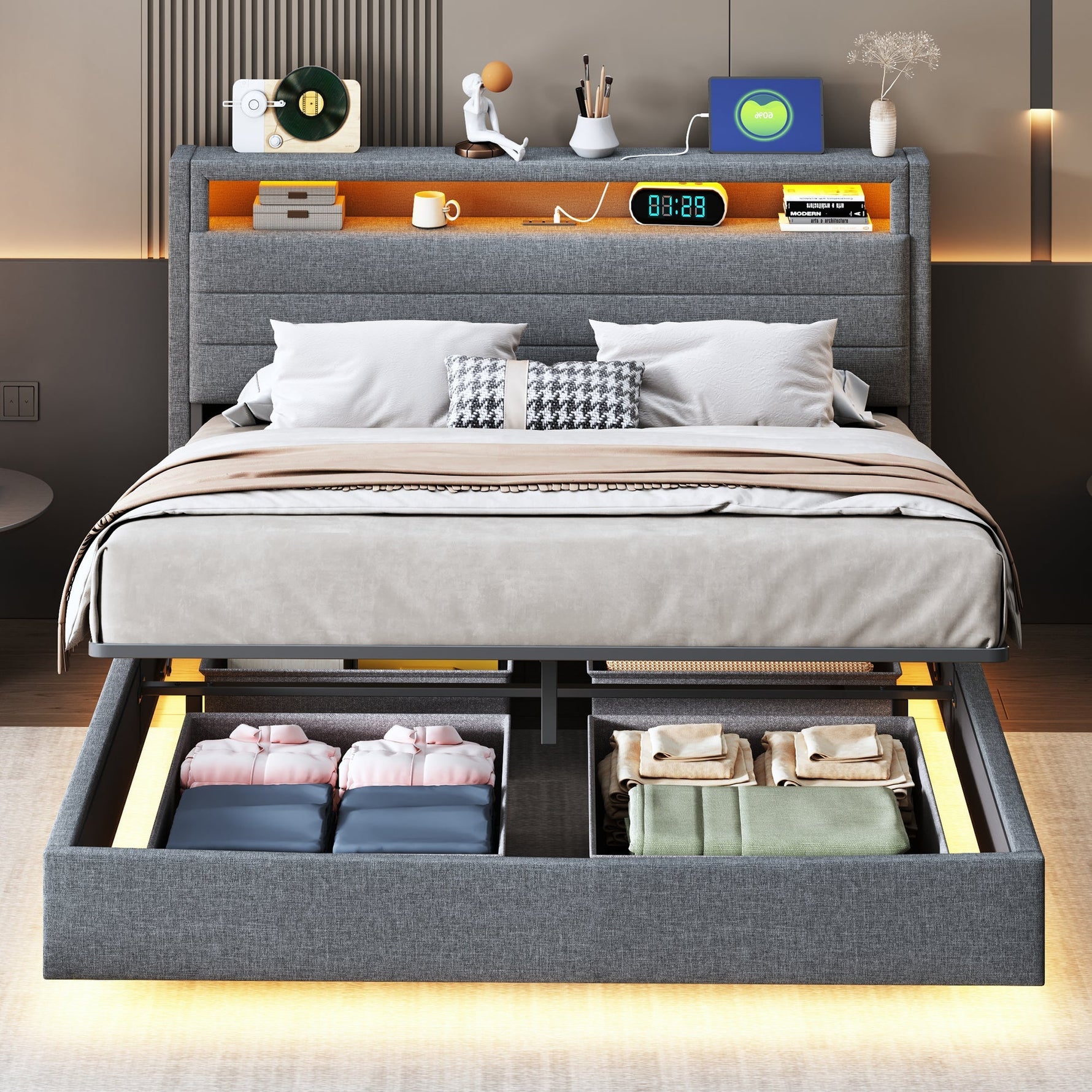 Upholstered Bed 140x200 cm, Hydraulic Floating with Storage, USB & LED, Reversible Headboard, Linen Grey