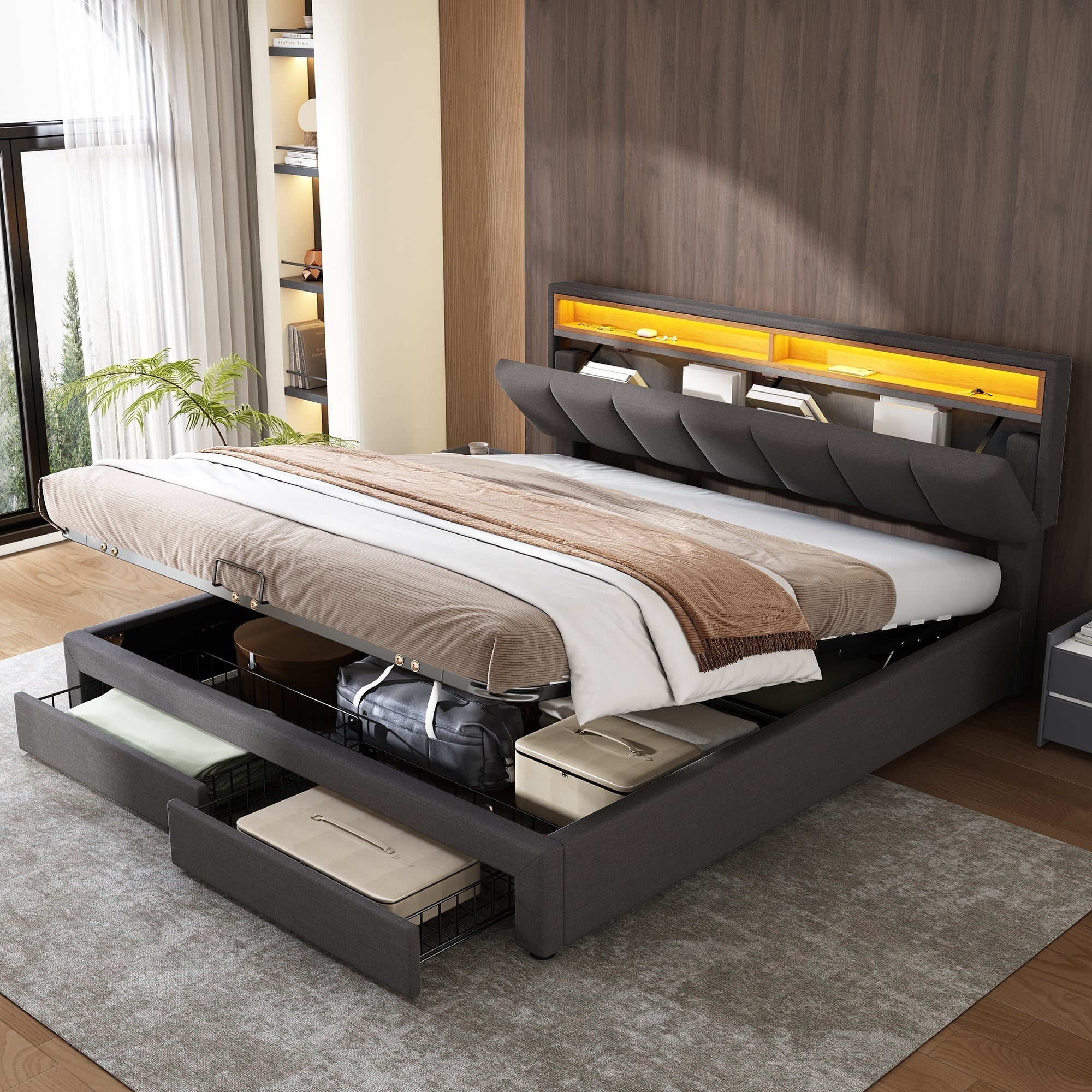 Upholstered Double Bed 180x200cm Hydraulic Storage LED Drawers - Linen Grey