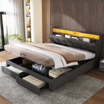 Upholstered Double Bed 180x200cm Hydraulic Storage LED Drawers - Linen Grey