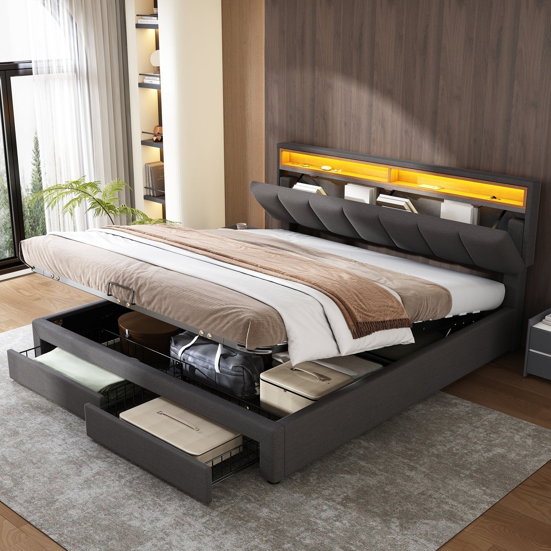 Upholstered Double Bed 180x200cm Hydraulic Storage LED Drawers - Linen Grey