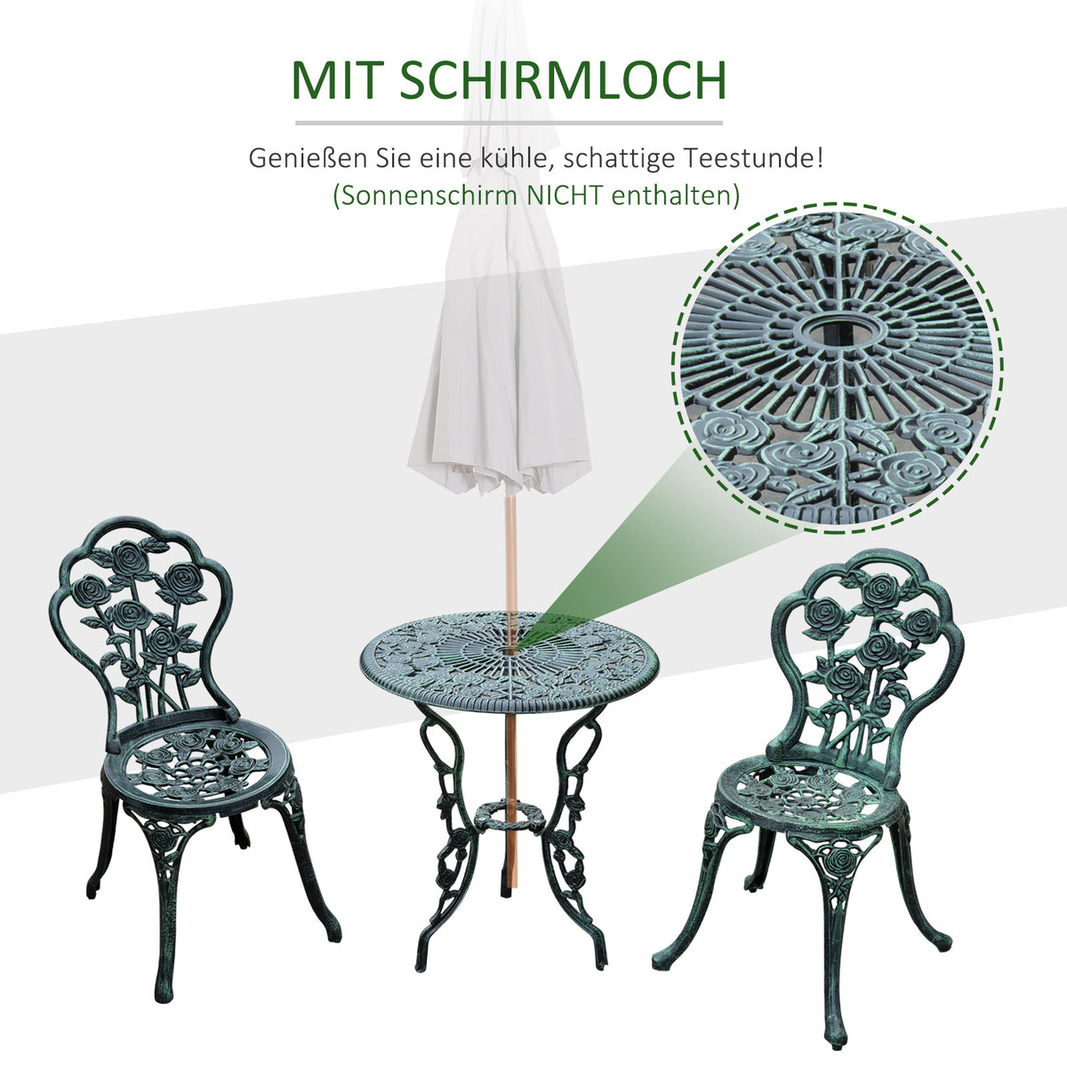 3-Piece Bistro Set for Balcony & Terrace, Antique Green Cast Aluminum