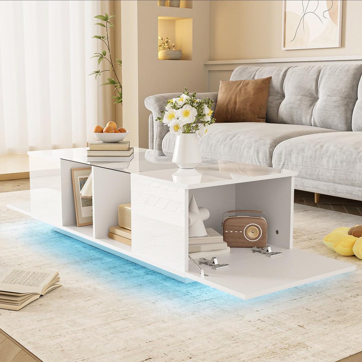 Modern Coffee Table with LED Lighting, High-Gloss, White