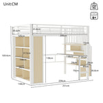 Loft Bed with Desk, Storage Staircase and LED Light Strip, 140x200cm, White Iron Frame