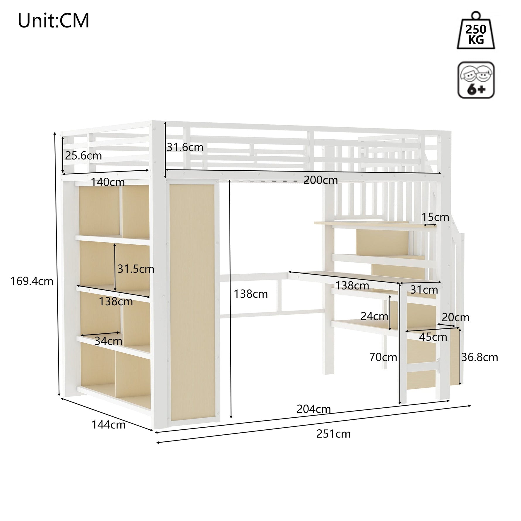 Loft Bed with Desk, Storage Staircase and LED Light Strip, 140x200cm, White Iron Frame