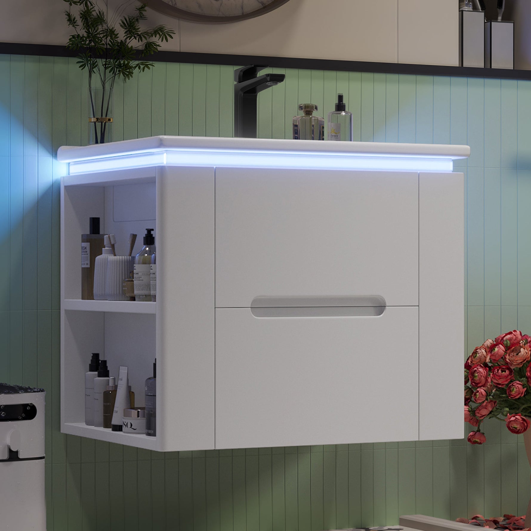 Wall-Mounted Bathroom Cabinet with LED Sensor Lighting and Integrated Sink, White