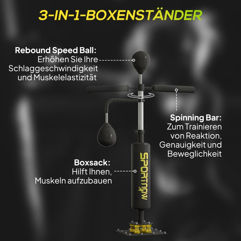 sportnow boxing stand, two speedballs, rotating boxing bar, kick pad, height-adjustable, steel, black