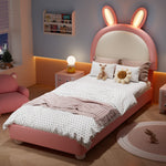 Upholstered Single Bed with Rabbit-Shaped Headboard and LED Light Strip, 90x200cm, Pink and White PU + Plywood