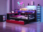 Multifunctional Wooden Sofa Bed with Desk, Bookshelf, Lighting and Sockets, 90x200cm, Black and Red Wood