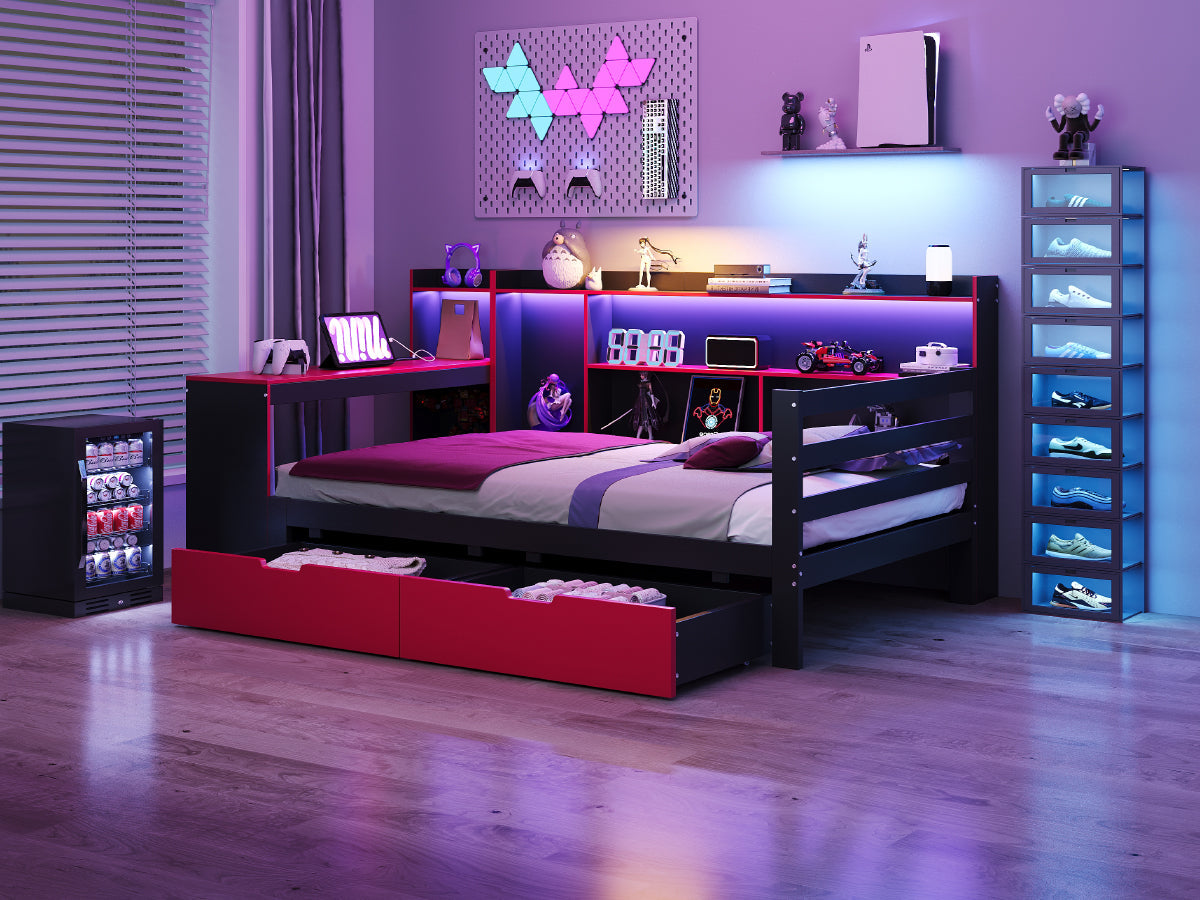 Multifunctional Wooden Sofa Bed with Desk, Bookshelf, Lighting and Sockets, 90x200cm, Black and Red Wood