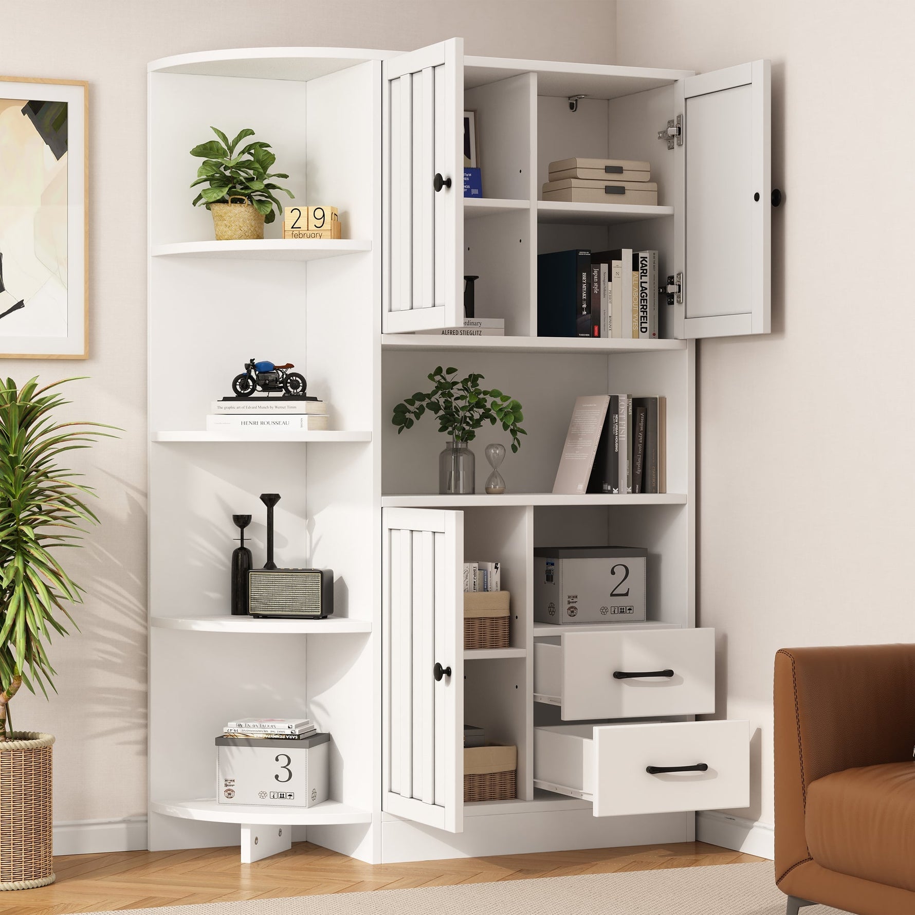 Corner Wardrobe Display Cabinet, 3 Cabinets 2 Drawers, 14 Storage Areas, 104x35x155cm, White